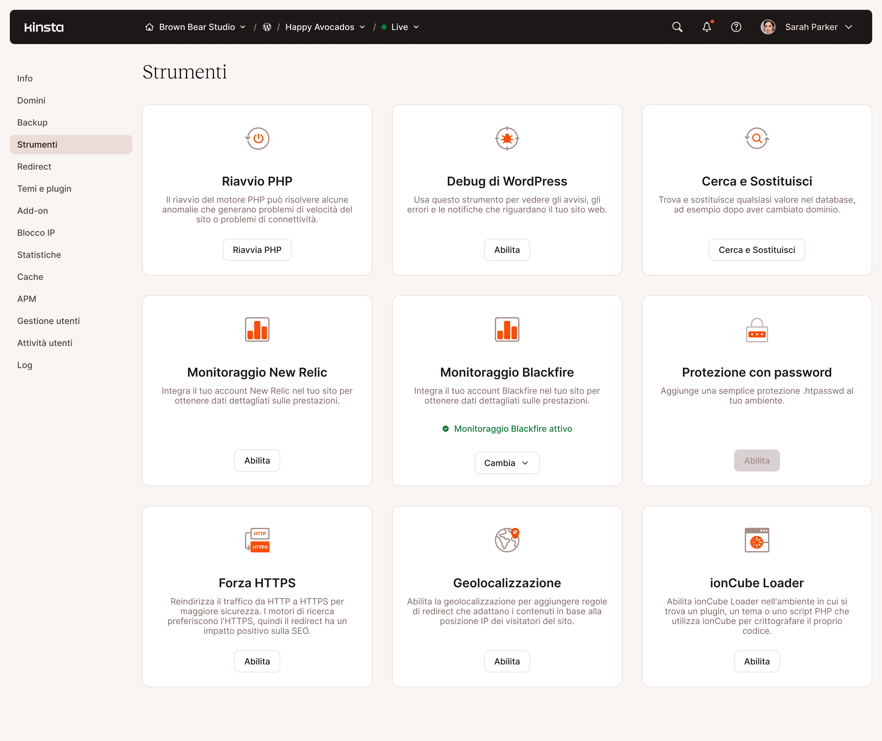 Pannello di controllo degli strumenti di amministrazione del server
