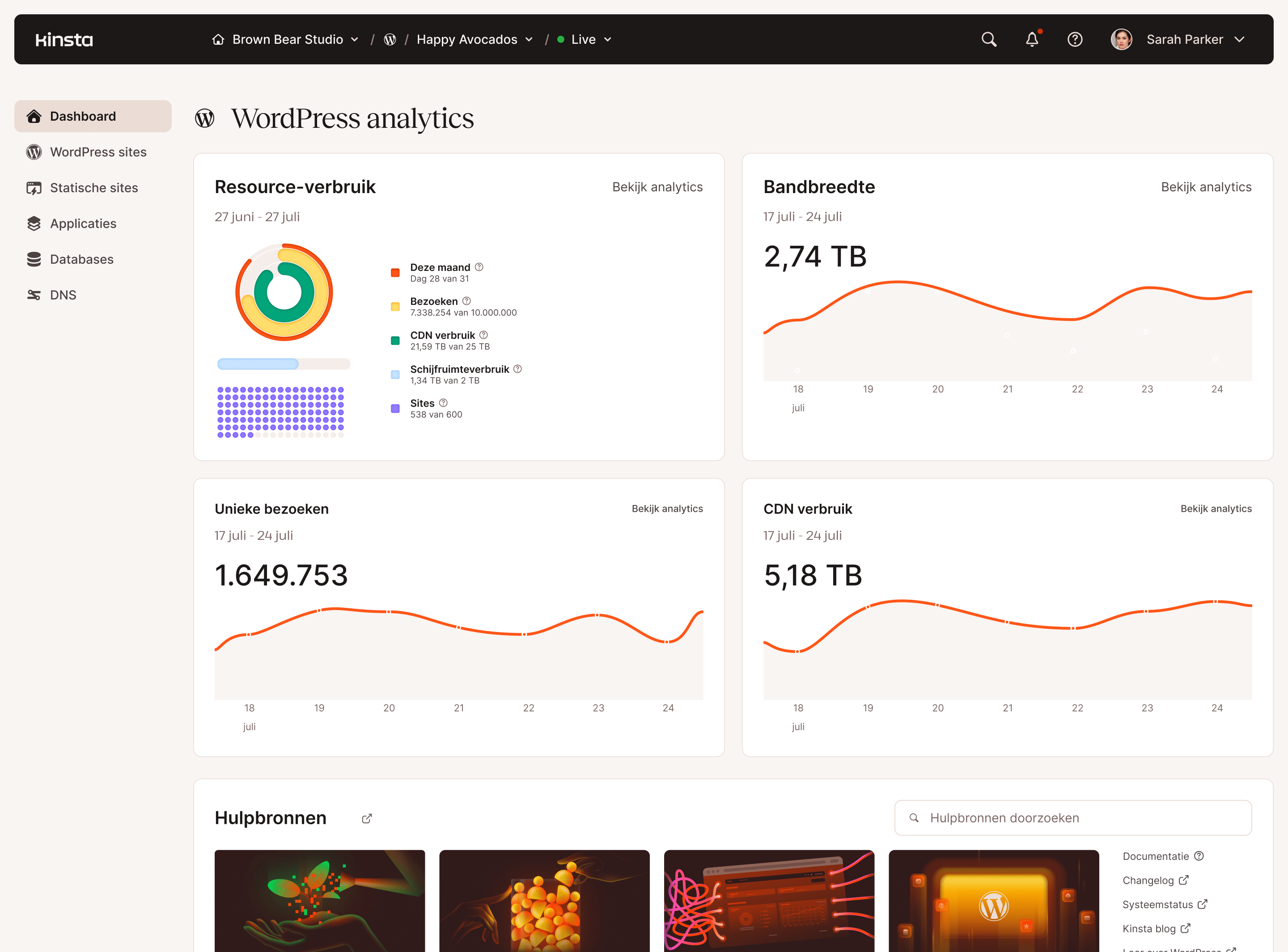 Dashboard voor webserveranalyse met grafieken en diagrammen