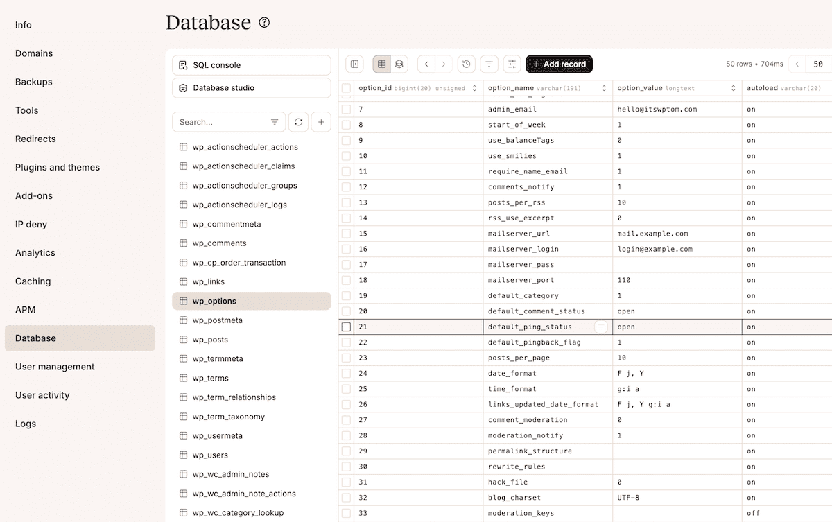 The wp_options table showing a number of columns in the MyKinsta Database Studio.